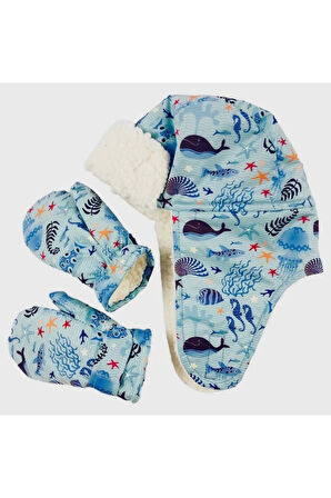 Petityu Su Geçirmez Kız Çocuk Bere Eldiven Set 2-4 Yaş Kayak Snowboard Mavi Deniz Canlıları