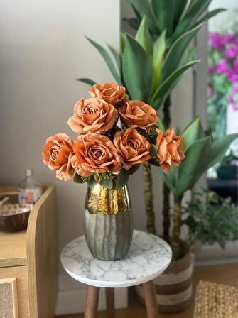 Yapay Çiçek 7li Gül Demeti 40*30cm 1.Kalite Büyükboy KOYU SOMON 