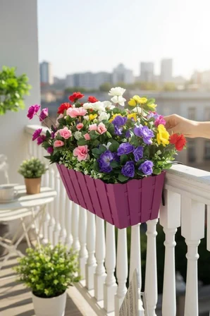Yapay Çiçek Fuşya Balkon Saksıda Küpeşte Askılı Açelya Çiçeği Karışık Renkli Çiçek Sepeti 50cm