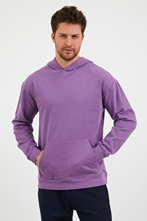 Erkek Kanguru Cepli Rahat Kalıp Kapüşonlu Spor Sweatshirt Mor