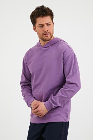 Erkek Kanguru Cepli Rahat Kalıp Kapüşonlu Spor Sweatshirt Mor