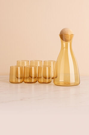 Lüks Amber Renk Borosilikat Cam Karaf Seti 6'lı Su Bardağı ile - Ev Dekorasyonu ve Sunum