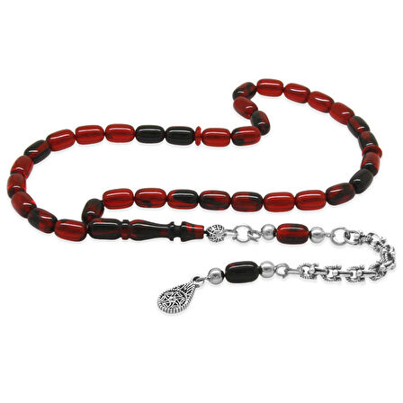 Kararmaz Metal Arnavut Püsküllü Kapsül Kesim Kırmızı-Siyah Bilek Boy Ateş Kehribar Tesbih