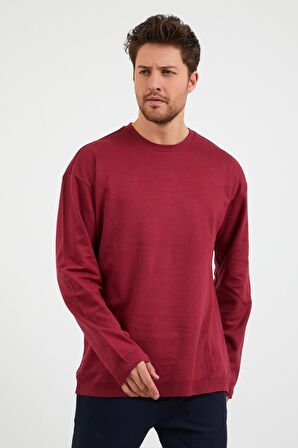 Erkek Günlük Bisiklet Yaka Rahat Oversize Spor Sweatshirt Bordo