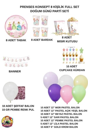Prenses Temalı Doğum Günü Parti Süsleme Seti | Makaron Balon, İyi Ki Doğdun Yazısı Tabak Bardak Doğum Günü Konsept