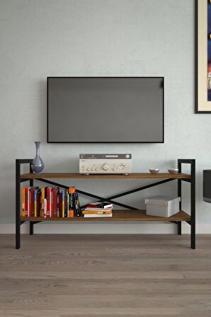 Metal Tv Sehpası 2 Raflı Tv Ünitesi Dekoratif Lcd Televizyon Sehpası Ceviz