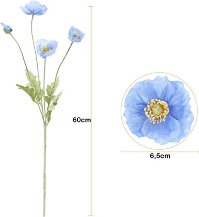Yapay Çiçek Gelincik Çiçeği Mavi Açık Renk 3 Çiçek 1 Tomurcuk 59Cm
