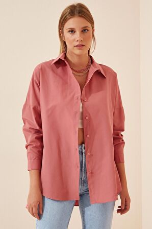 Kadın Koyu Gül Kurusu Oversize Uzun Basic Gömlek HZL22W-BD139001