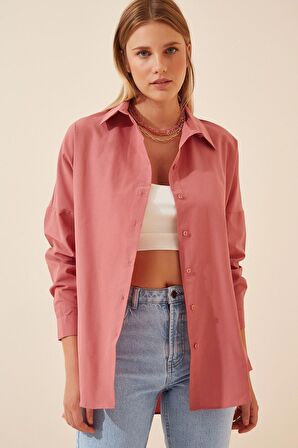 Kadın Koyu Gül Kurusu Oversize Uzun Basic Gömlek HZL22W-BD139001