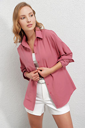 Kadın Koyu Gül Kurusu Oversize Uzun Basic Gömlek HZL22W-BD139001