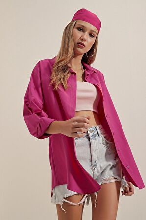 Kadın Koyu Pembe Oversize Uzun Basic Gömlek HZL22W-BD139001