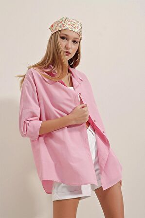 Kadın Pembe Oversize Uzun Basic Gömlek Hzl22w-bd139001