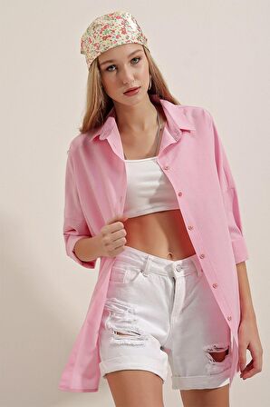 Kadın Pembe Oversize Uzun Basic Gömlek Hzl22w-bd139001