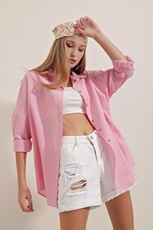 Kadın Pembe Oversize Uzun Basic Gömlek Hzl22w-bd139001