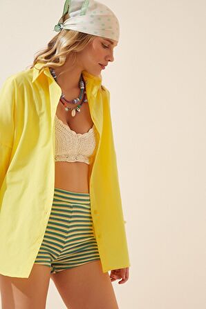 Kadın Sarı Oversize Uzun Basic Gömlek Hzl22w-bd139001