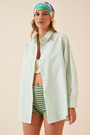 Kadın Açık Yeşil Oversize Uzun Basic Gömlek HZL22W-BD139001