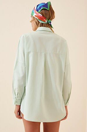 Kadın Açık Yeşil Oversize Uzun Basic Gömlek HZL22W-BD139001
