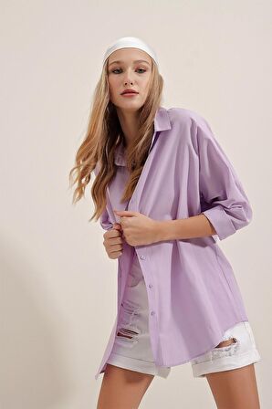Kadın Lila Oversize Uzun Basic Gömlek Hzl22w-bd139001