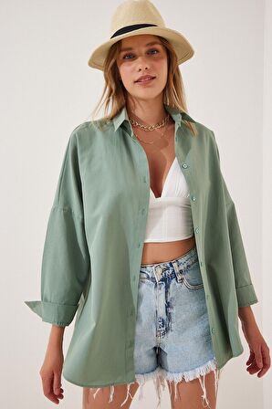Kadın Çağla Yeşili Oversize Uzun Basic Gömlek Hzl22w-bd139001