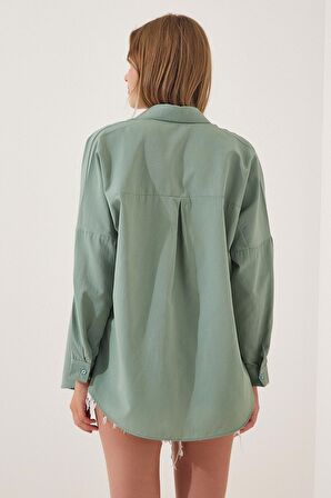 Kadın Çağla Yeşili Oversize Uzun Basic Gömlek Hzl22w-bd139001