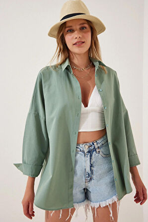 Kadın Çağla Yeşili Oversize Uzun Basic Gömlek Hzl22w-bd139001