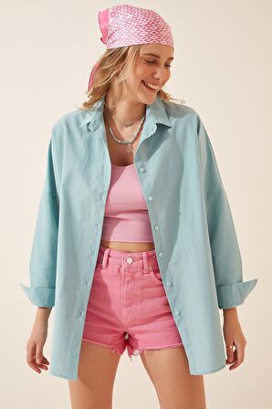Kadın Su Yeşili Oversize Uzun Basic Gömlek  HZL22W-BD139001