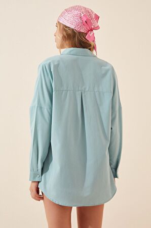 Kadın Su Yeşili Oversize Uzun Basic Gömlek  HZL22W-BD139001