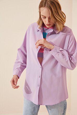 Kadın Açık Lila Oversize Uzun Basic Gömlek  HZL22W-BD139001