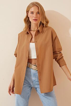 Kadın Camel Oversize Uzun Basic Gömlek  HZL22W-BD139001