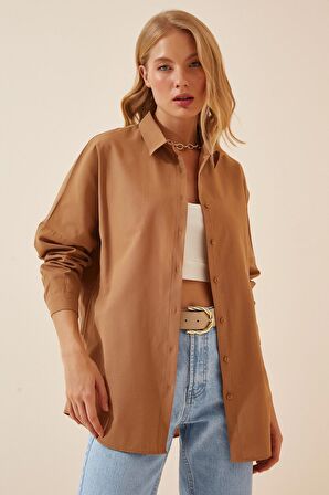 Kadın Camel Oversize Uzun Basic Gömlek  HZL22W-BD139001