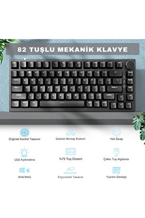AK820 Kablolu Mekanik Oyun Klavyesi , Beyaz Işıklı, Siyah, 82 Tuş, Hot Swap, Anti Ghosting