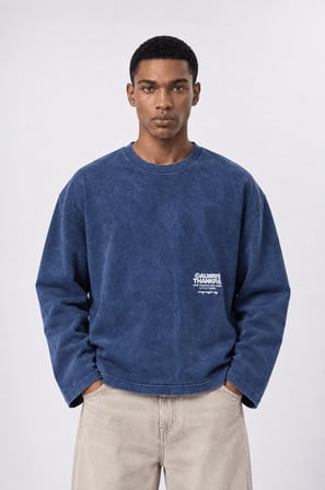 Erkek Always Baskılı Yıkamalı Oversize Long Sleeve Lacivert