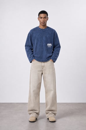 Erkek Always Baskılı Yıkamalı Oversize Long Sleeve Lacivert