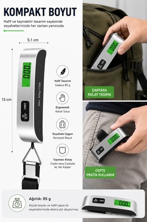 Dijital Bavul Tartısı 50 Kg Kapasiteli 50 Gr Hassasiyetli LCD Ekranlı Taşınabilir Elektronik Bagaj Valiz Tartısı