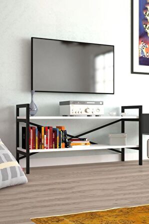 Metal Tv Sehpası 2 Raflı Tv Ünitesi Dekoratif Lcd Televizyon Sehpası Beyaz