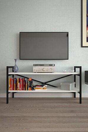 Metal Tv Sehpası 2 Raflı Tv Ünitesi Dekoratif Lcd Televizyon Sehpası Beyaz