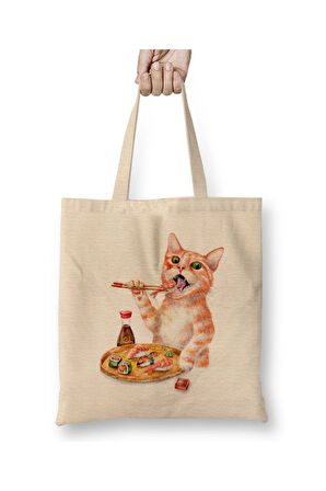 Sushi Cat Kedi Sevimli Beyaz Bez Çanta Uzun Saplı Alışveriş Çantası Plaj Çantası