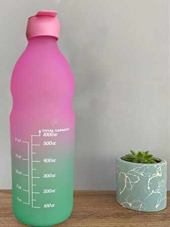 Çift Renk Ölçü Baskılı Motivasyon Matarası - Boğumlu Cam Su Şişesi - 1 Litre