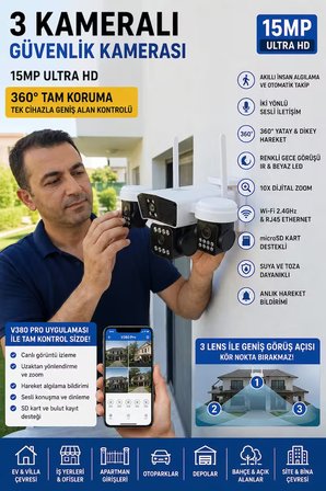 ARM-95W 3 Kameralı Güvenlik Kamerası 15MP Ultra Hd Ptz Hareketli Akıllı Ip Kamera | V380 Pro | Gece Görüşlü | Sesli | Dış Mekan