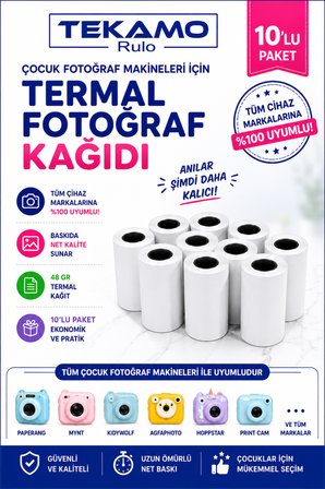 Çocuk Fotoğraf Makinesi Kağıdı Tüm Mini Cihazlara Uyumlu 10 Adet