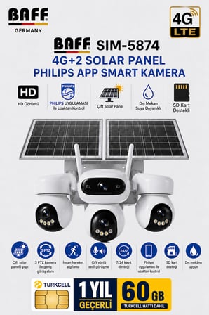 SIM-5874 Çift Solar Panelli 4g Sım Kartlı 3 Lensli Ptz Akıllı Dış Mekan Güvenlik Kamerası Hd Suya Dayanıklı Ip Kamera + 60 GB SIM Kartı Dahil