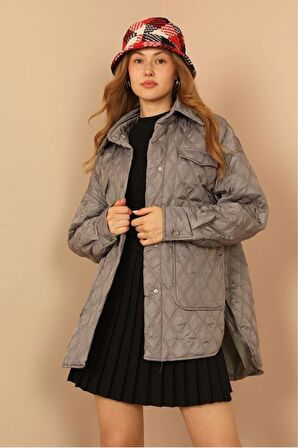 Kapitone Kumaş Çift Dikiş Desen Kadın Mont-Gri