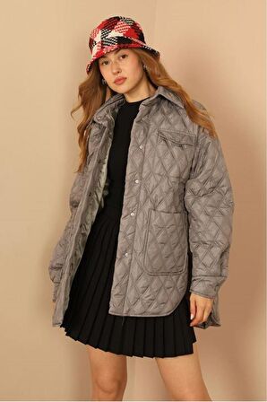 Kapitone Kumaş Çift Dikiş Desen Kadın Mont-Gri