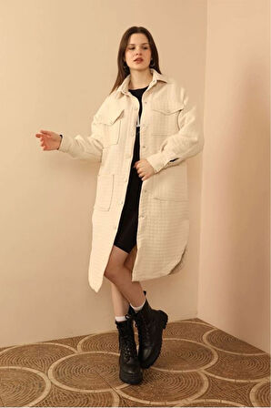 Jakar Kumaş Küçük Pitikare Oversize Uzun Gömlek-Taş