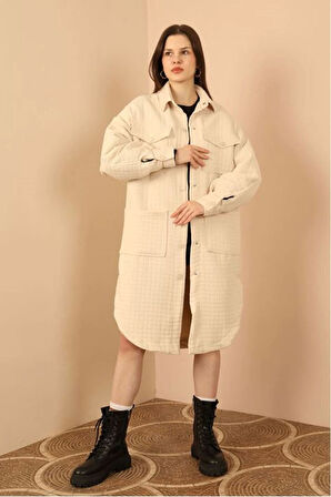 Jakar Kumaş Küçük Pitikare Oversize Uzun Gömlek-Taş