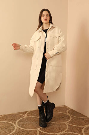 Jakar Kumaş Küçük Pitikare Oversize Uzun Gömlek-Taş