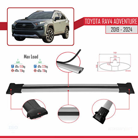 Toyota RAV4 Adventure 2019-2024 Arası ile Uyumlu FLY Model Ara Atkı Tavan Barı Gri 2 Adet