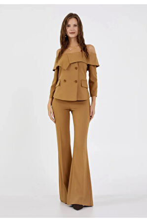 Kadın Kayık Yaka Ceket Geniş Paça Pantolon Alt-Üst Takım