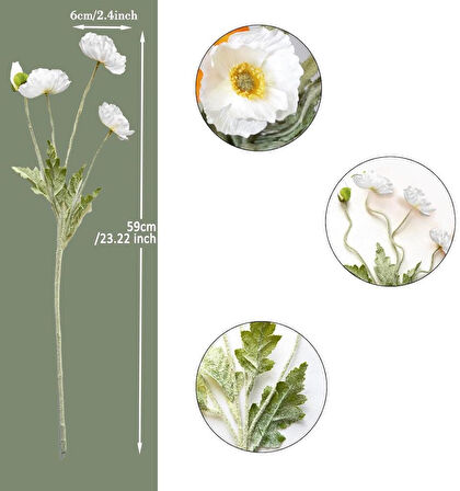 Yapay Çiçek Gelincik Çiçeği Beyaz Renk 3 Çiçek 1 Tomurcuk 59Cm