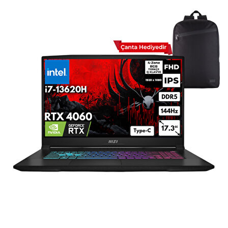 MSI KATANA 17 i7-13620H 48 -GBDDR5 1 TBSSD RTX4060 (8GB-105W) 17.3" FHD 144Hz Windows 11 Pro + Sırt Çantası B13VFK-1037XTRHMF16